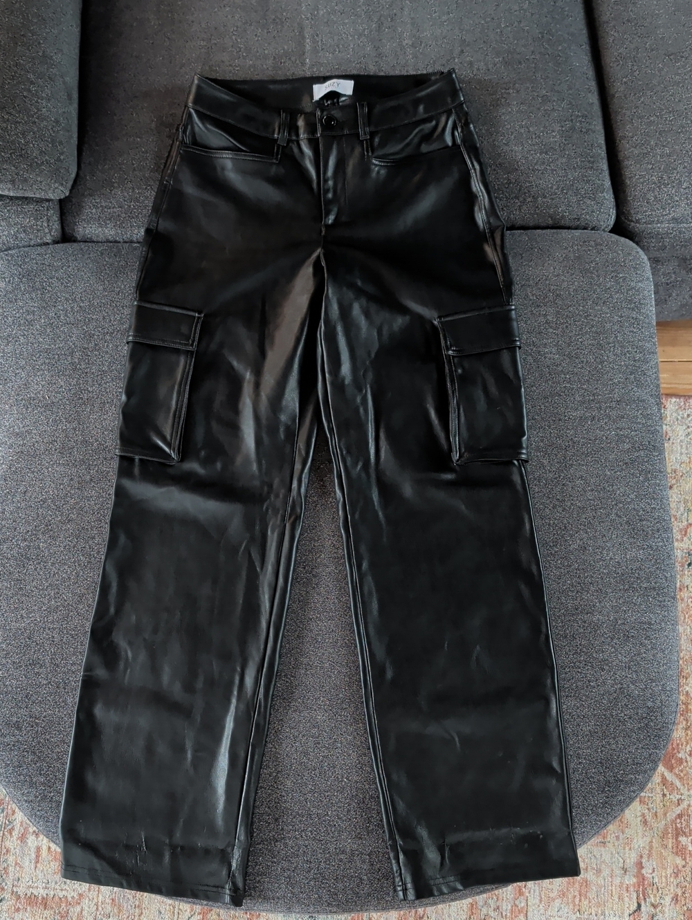 Suzy Shier Black Faux Leather Straight Leg Cargo Pants